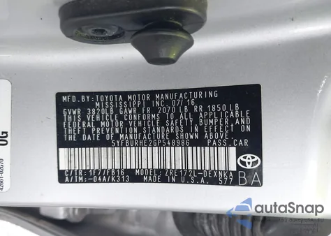 2016 Toyota Corolla Le из США, поврежденный, VIN 5YFBURHE2GP548986